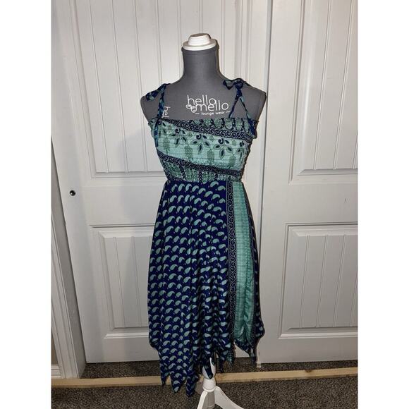 Unbranded Dresses & Skirts - Tempol Silk Midi Dress Navy Teal Mixed Block Print Smocked Boho Chic Festival